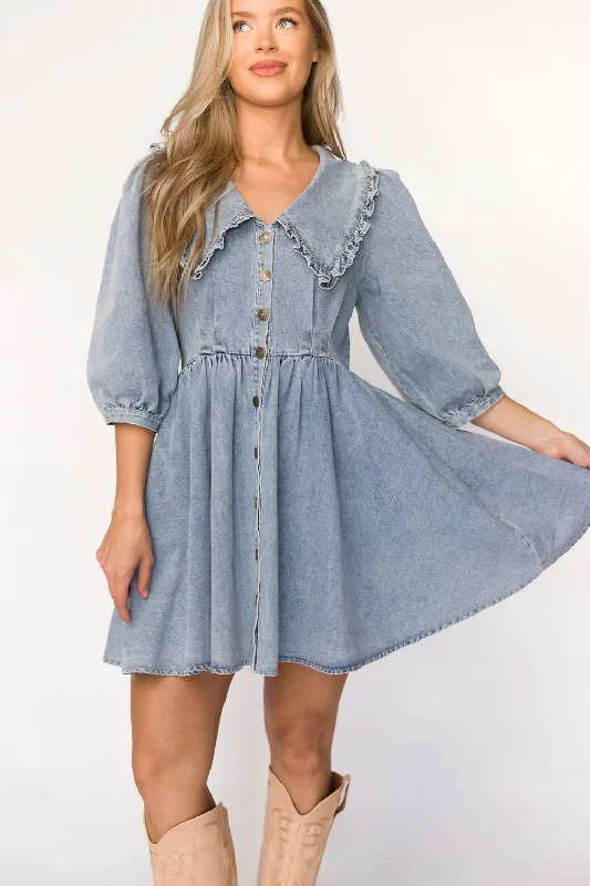 Lainey Mini Dress with Peter Pan Collar in Light Wash Denim - Nursing Friendly