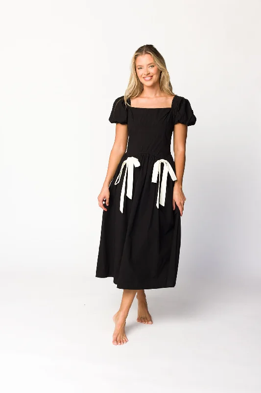 Ruby Midi Dress with Bow Detail in Black