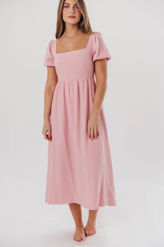 Ainsley Square Neck Midi Dress with Puffed Sleeves in Bright Blush - Bump Friendly & Inclusive Sizing (S-3XL)