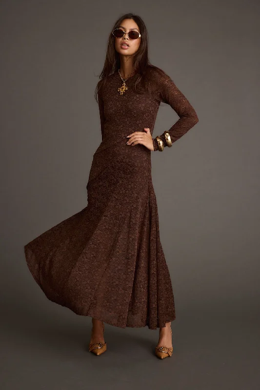 Tierra Brown Lace Long Sleeve Maxi Dress