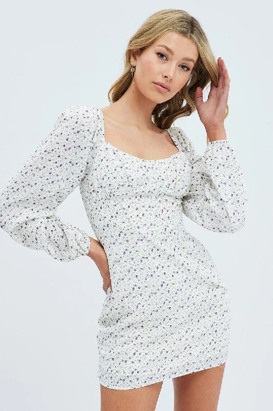 White Floral Midi Dress Long Sleeve Gathering Bust