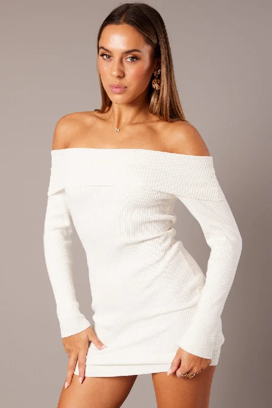 White Knit Dress Long Sleeve Mini