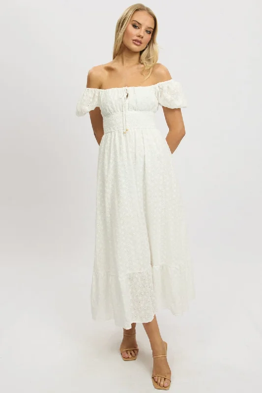 White Maxi Dress Puff Sleeve Eyelet Fabric