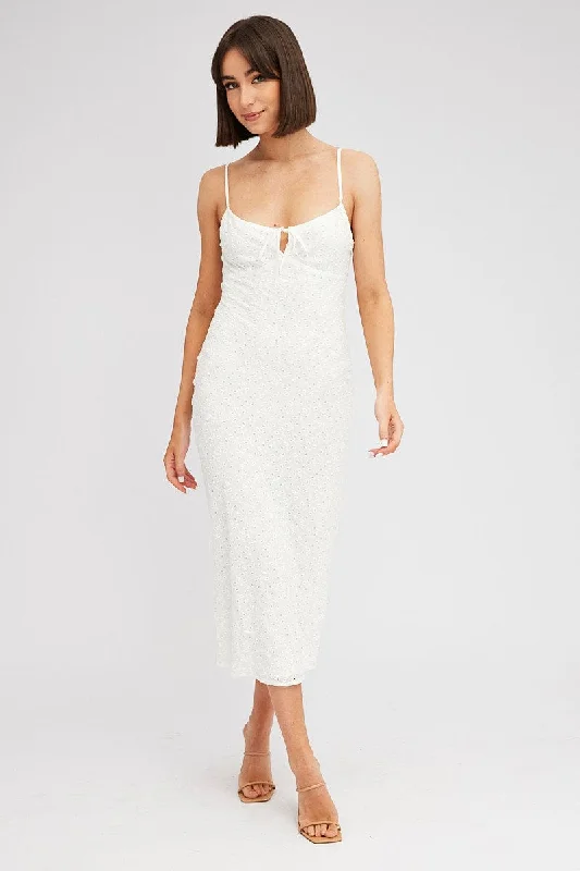 White Midi Dress Gathered Bust Eyelet Fabric